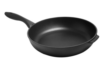 black frying pan for the kitchen on a white background (clipping