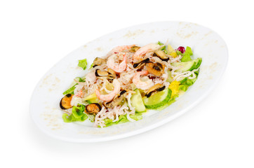 vegetable salad with seafood  isolated on white background