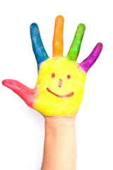 Colored hand with smile painted in colorful paints as logo.