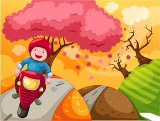 Foto op Plexiglas Motorfiets landschap cartoon jongen rijden motorfiets