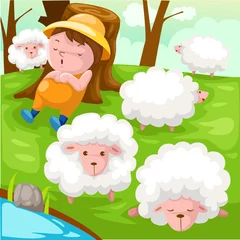 Papier Peint photo Ferme berger avec troupeau de moutons