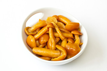 Pickled Mushrooms in white bowl