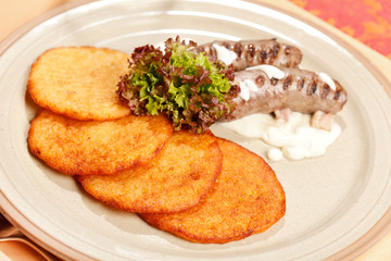 potato pancakes with sausages
