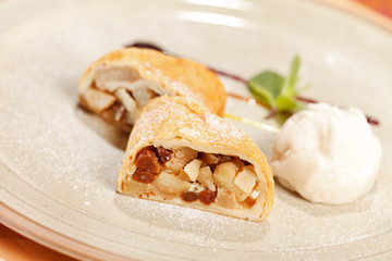 apple strudel with vanilla ice cream