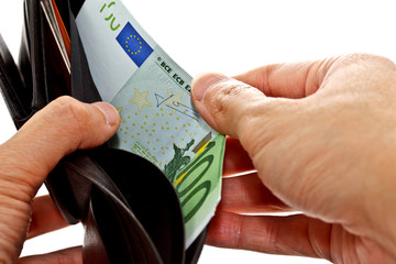 hand opening wallet with Euro banknotes
