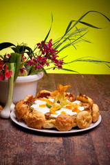 Gougère Cake With Vegetables And Spring Flowers