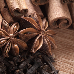Herbs and Spices over wooden background