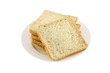 Front pile of wheat slice bread dish on white background.