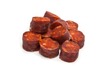Chorizo sausage isolated on a white studio background.