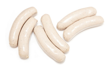 German Bratwurst sausages isolated on a white studio background.