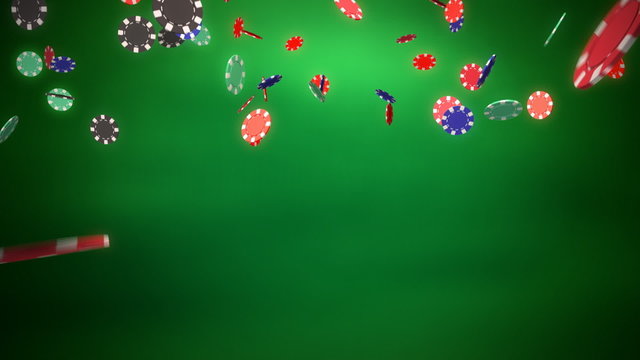 Casino chips dropping green background