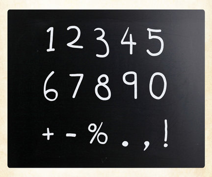 "Numbers" handwritten with white chalk on a blackboard