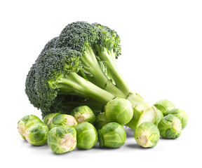 Fresh broccoli and brussels sprouts isolated on a white