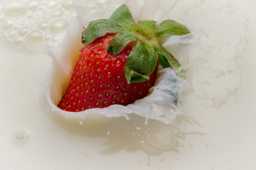 Strawberry falling into milk with a splash