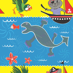 Seamless Pattern with a Pirate Tomcat Theme