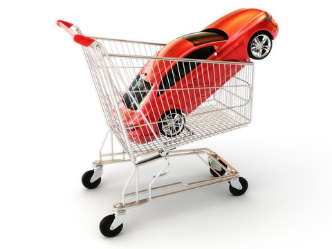 Car shopping, red luxury sports car in a shopping basket.