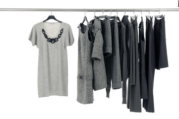 Designer fashion clothing on hangers at the show