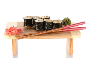 Tasty rolls served on wooden plate isolated on white