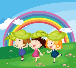 Keuken spatwand met foto kinderen met regenboog © GraphicsRF