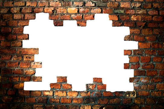 hole in an old brick wall - with clipping path