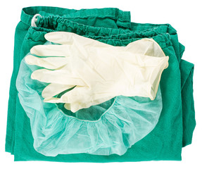 Grüne Operationskleidung mit Haube und Handschuhen