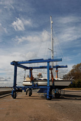Fototapeta premium Sailboat in a Boat Lift