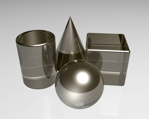 Cone,Cube,sphere and cylinder in shiny metal rendering