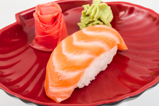 studio shoot of japanese sushi vaki with salmon on white backgro