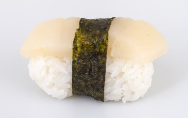 sushi hotate with slice of scallop isolated on white background