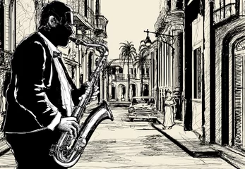 Abwaschbare Fototapete Musik Band Saxophonist in einer Straße von Kuba