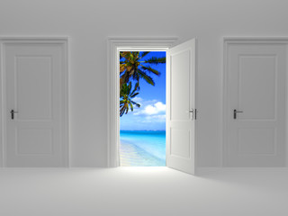 Door to paradise, beautiful island view behind an open door