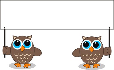 two owls holding a placard