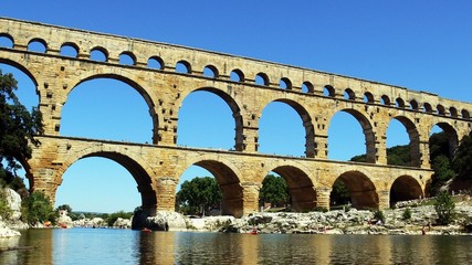 View from the river of Roman waterworks Pont Du Gard
