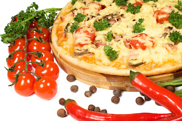 pizza, cherry tomatoes and chili peppers