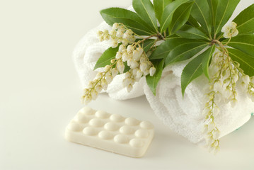 Spa composition with soap bar , towels and fresh flowers.