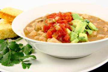 Pork & White Bean Chili Topped with Salsa & Avocado