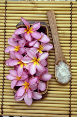 herbal salt in spoon with frangipani flowers in bowl on mat