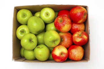 box with green and red apples