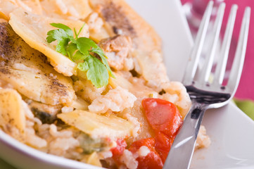 Rice, potatoes and mussels. Tiella di riso, patate e cozze.