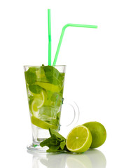 Glass of cocktail with lime and mint isolated on white