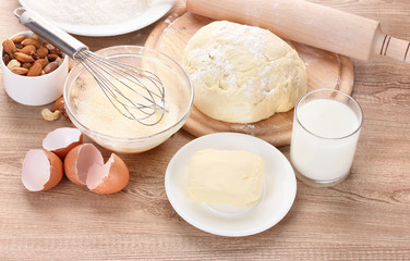 Ingredients for the dough wooden table