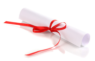 Graduation diploma tied with ribbon isolated on white