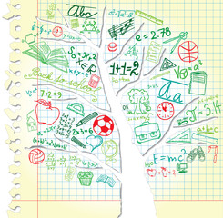 Paper with tree and colorful school symbols