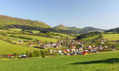 settlement in the mountains among the green pastures