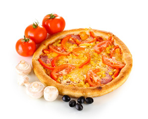 Aromatic pizza with vegetables and mushrooms isolated on white