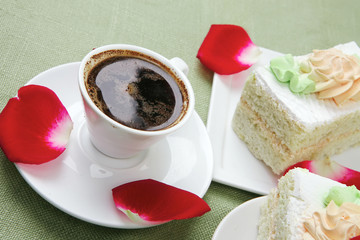 cake with whipped cream served with black coffee