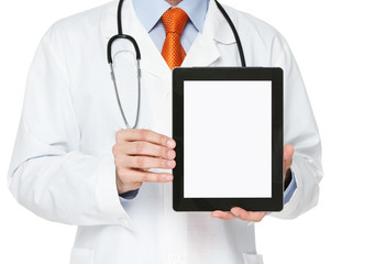 Doctor holding blank digital tablet with clipping path