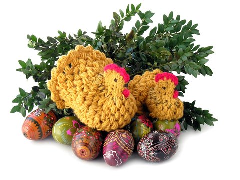 handmade,crocheted woolen coks as easter decoration
