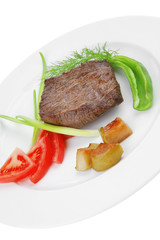 meat savory : grilled beef fillet mignon on white plate with spr