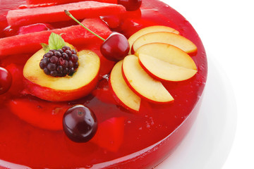 Fototapeta na wymiar red jelly pie with apricot and watermelon